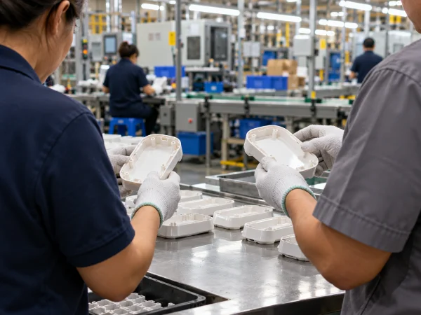 Product samples reviewed at factory inspection table in China