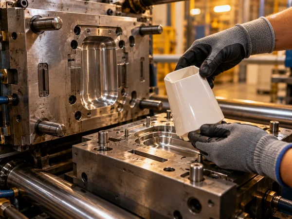 Injection mold opened with first trial run product part